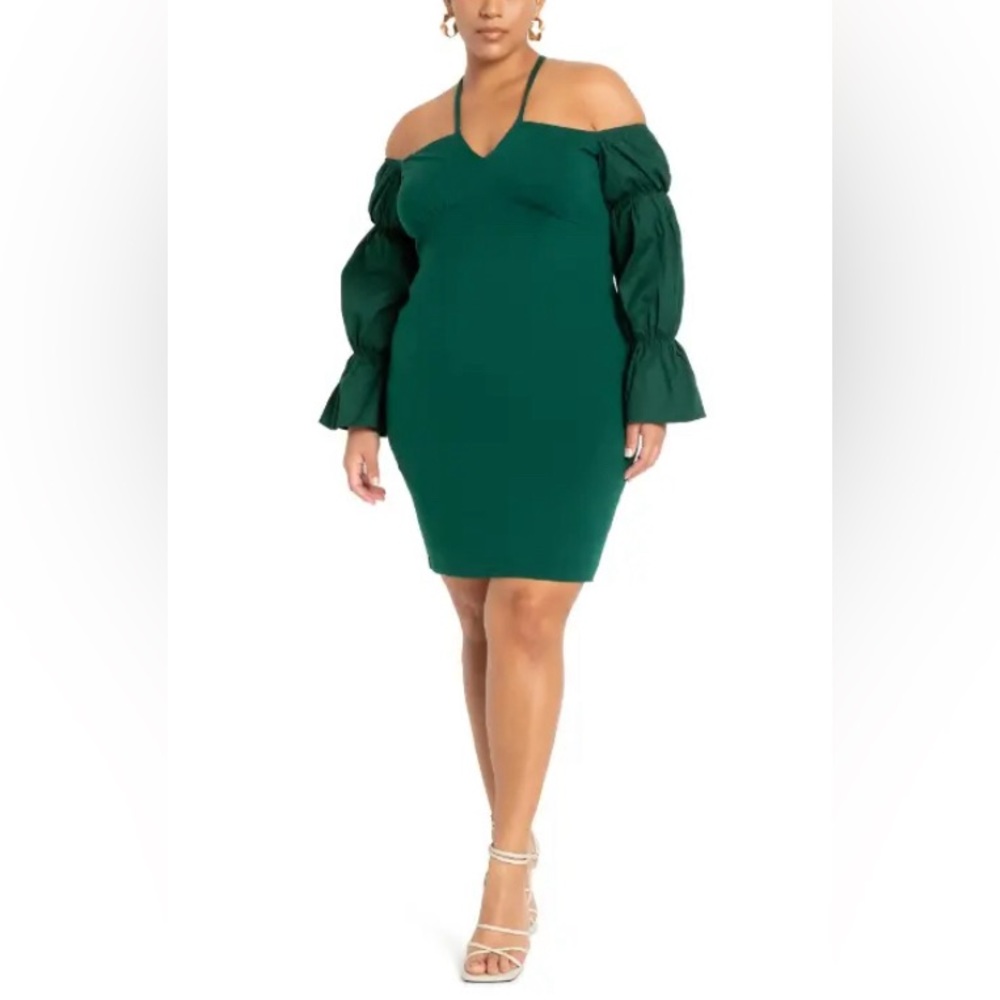 NWOT Eloquii Eden Off Shoulder LS Stretch Cotton Sheath Dress in Green Sz 24